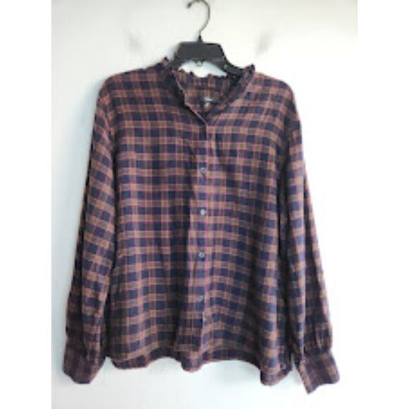 Rails "Andie" Navy Blue Purple Plaid Band Collar Button Down Blouse size Large - Picture 2 of 10